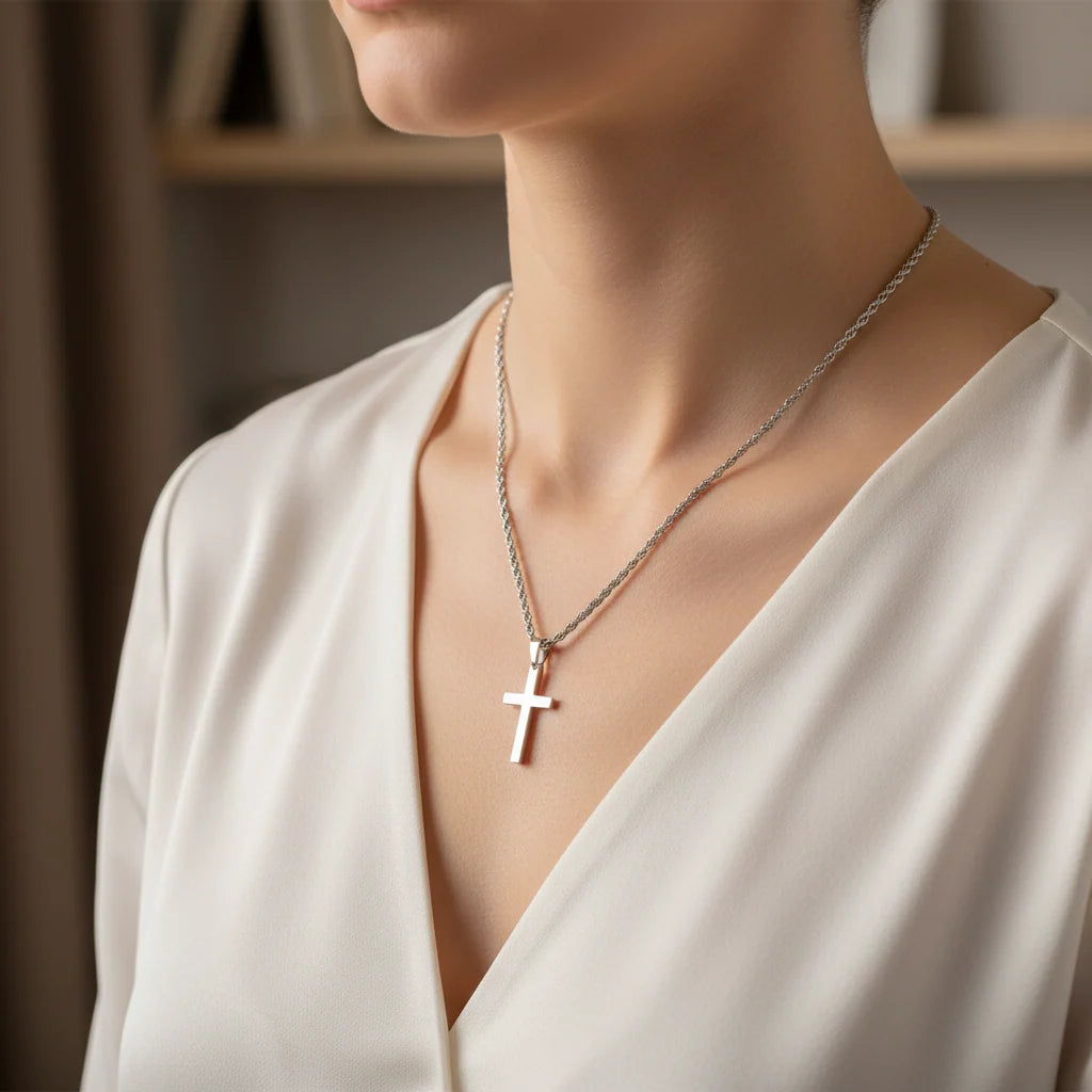 Mens Steel Crucifix Charm Chain, Silver Tone with Clasp Fastening