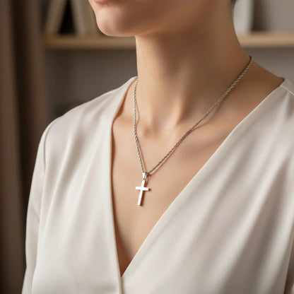 Mens Steel Crucifix Charm Chain, Silver Tone with Clasp Fastening
