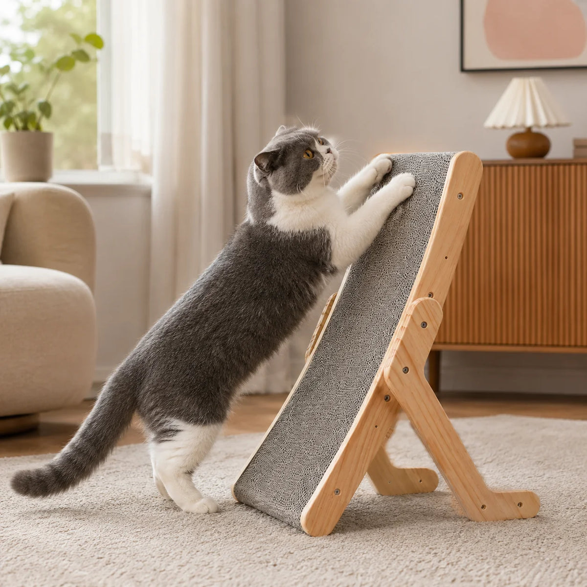 Wooden Arch Shaped Cat Scratching Board with Sloped Rest Area