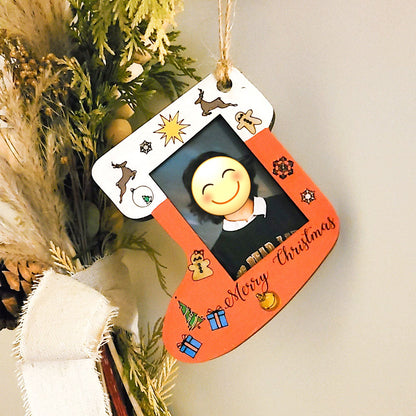Photo Holding Wood Stocking Ornament Offered as an Unfinished Paint Kit or a Ready Painted and Assembled Piece