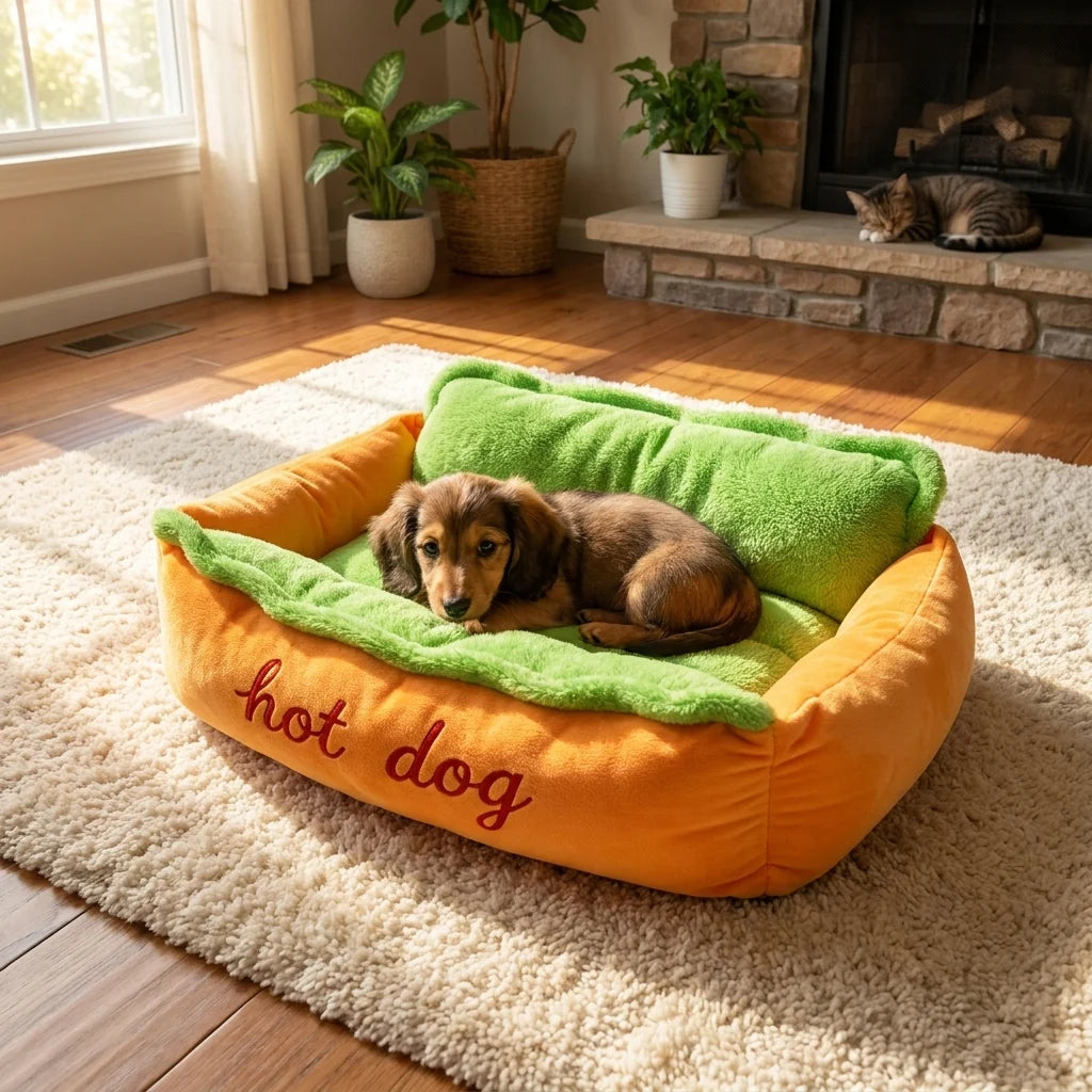 Sausage Bun Novelty Pet Sleeping Bed with Detachable Pad and Non Slip Bottom