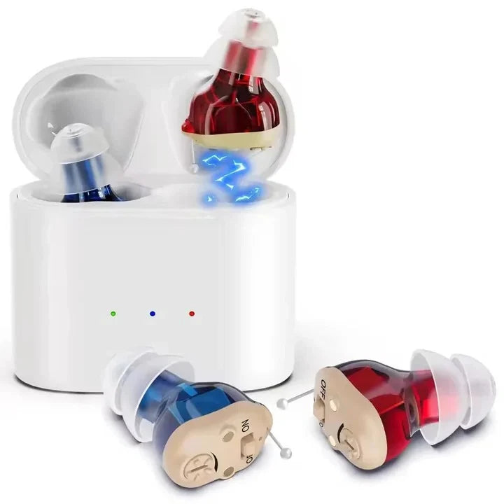 In Ear Sound Amplifier Devices with USB Charging Case and Noise Reduction, Discreet Fit