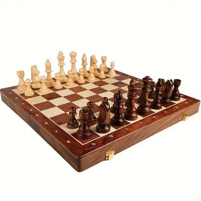 Handcrafted Solid Wood Chess Board with Carved Pieces and Storage Drawer