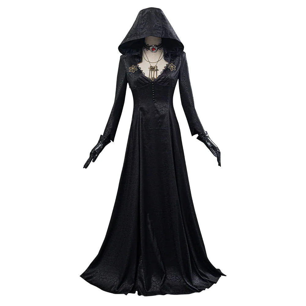 Women's Gothic Halloween Outfit with Patterned Long Jacket and Temporary Tattoos
