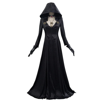 Women's Gothic Halloween Outfit with Patterned Long Jacket and Temporary Tattoos