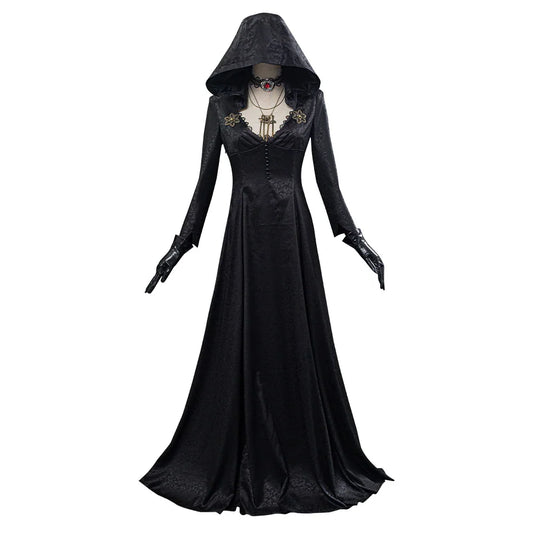 Gothic Halloween Outfit with Patterned Long Jacket and Temporary Tattoos for Women