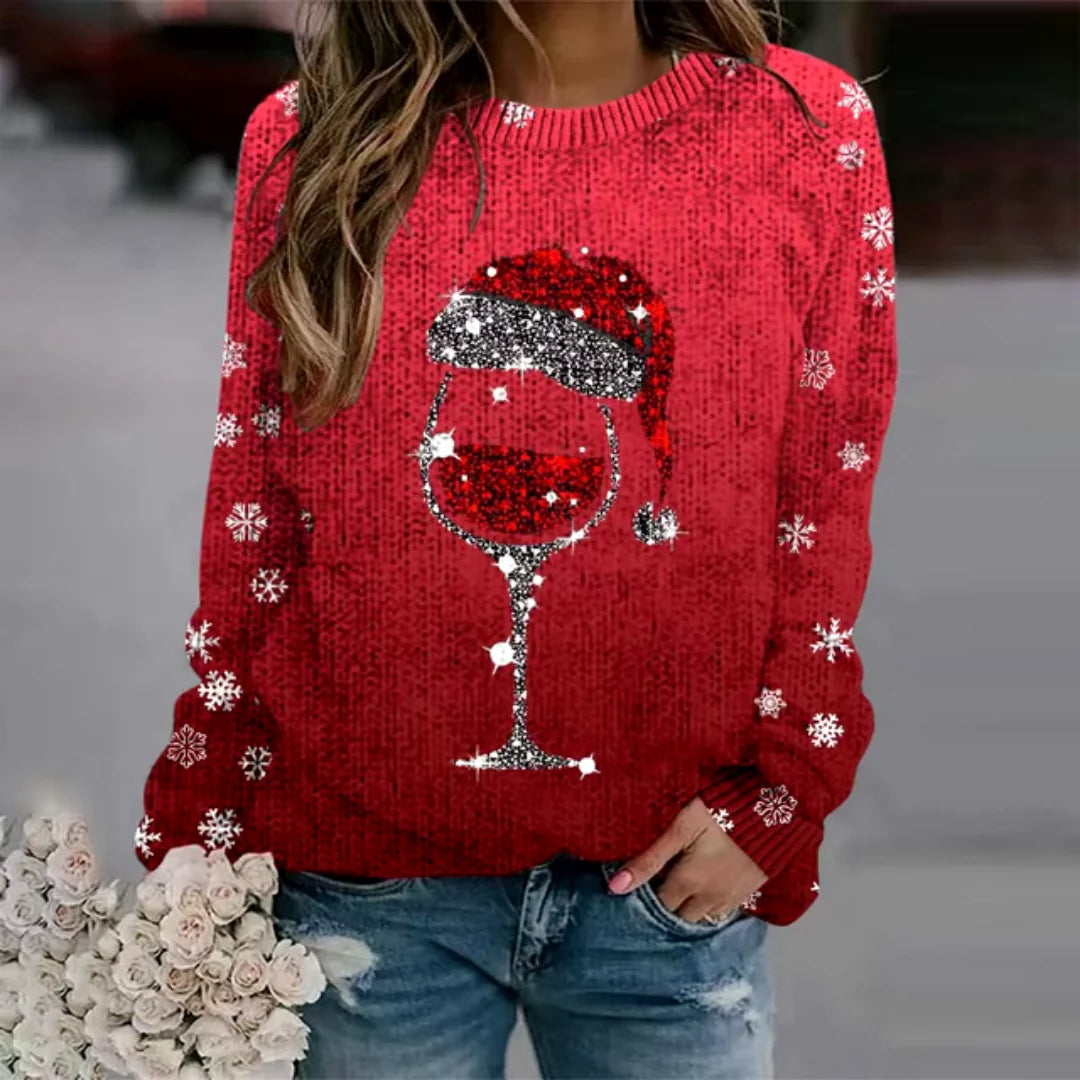 Ladies Christmas Themed Loose Pullover Jumper, Round Neckline and Long Sleeves
