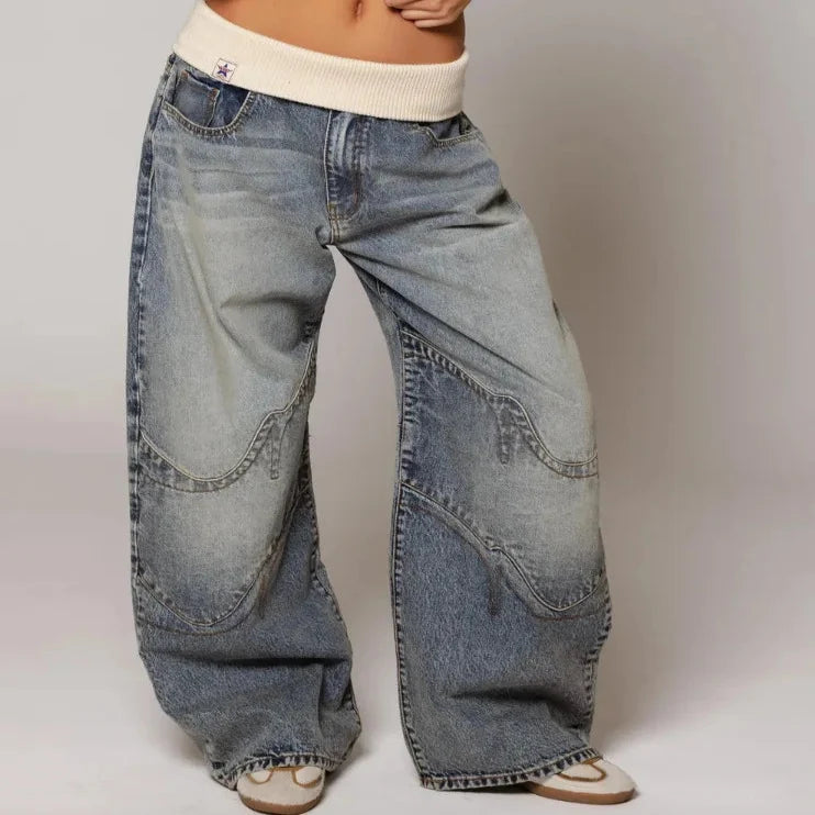 Women's Light Wash Denim Trousers with Stretch Waist and Loose Straight Cut