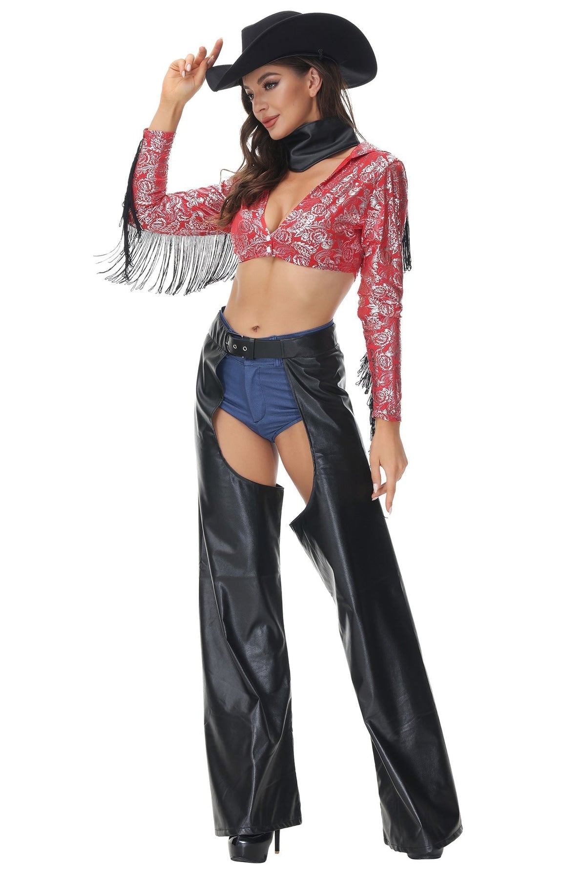 Cowgirl Costume with Silver Floral Fringe Top, Black Open Side Pants, and Optional Hat