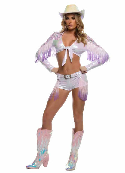 Iridescent Western Costume Set with Sequin Tie Top, Fringed Shorts, and Buckle Belt