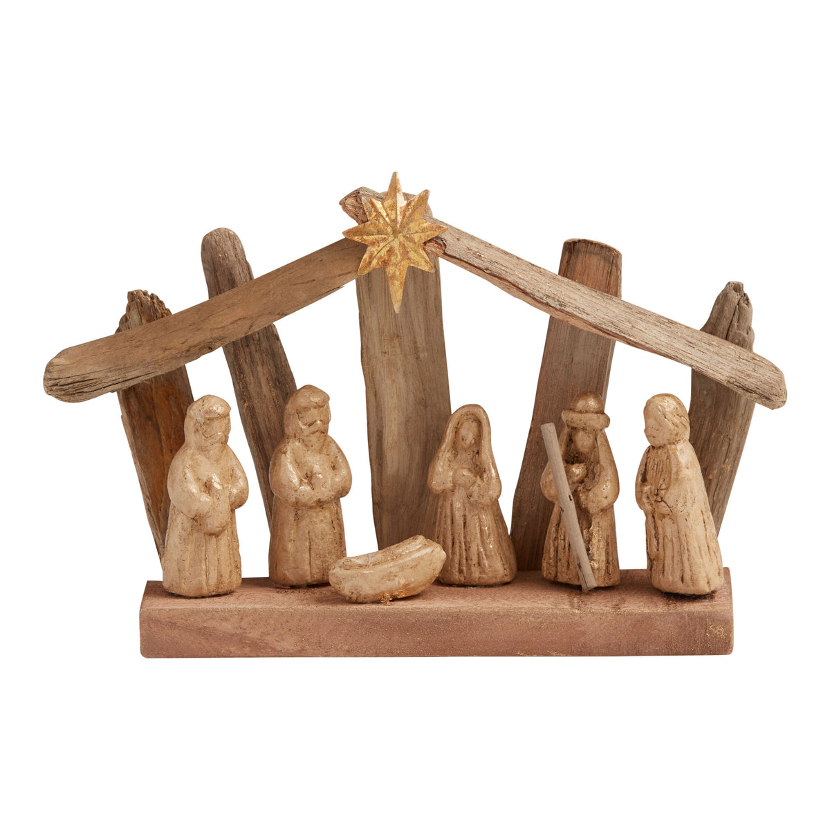 Rustic Nativity Scene Built from Weathered Driftwood and Metal with Gold Washed Paper Pulp Figures