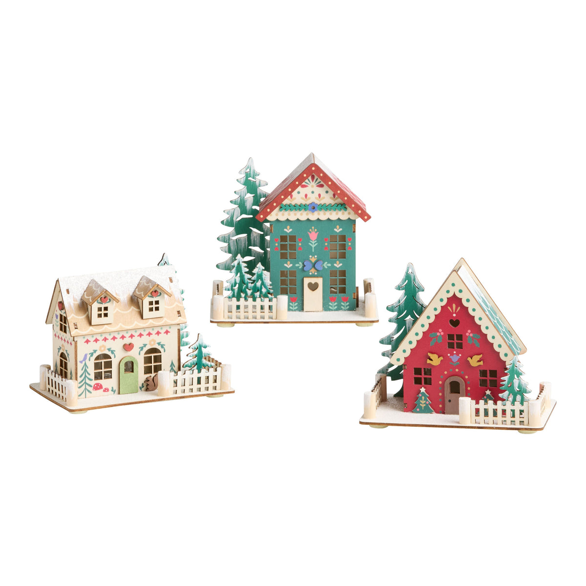 Trio of Wooden Folk Cottages with LED Glow and Timer for Snowy Holiday Displays