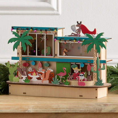Mid Century Vacation House Light Up Decor in Laser Cut Wood with Timer for Holiday Displays