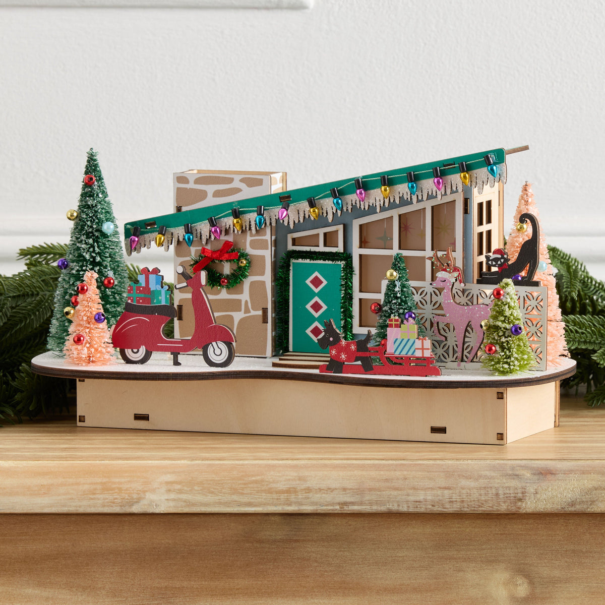 Sloped Roof Mid Century House with Cherry Red Scooter LED Decor and Timer for Christmas Shelves