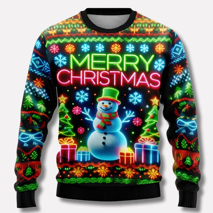 Vivid Fluorescent Festive Jumper for Men and Women, Deer and Snow Design with Crew Neckline
