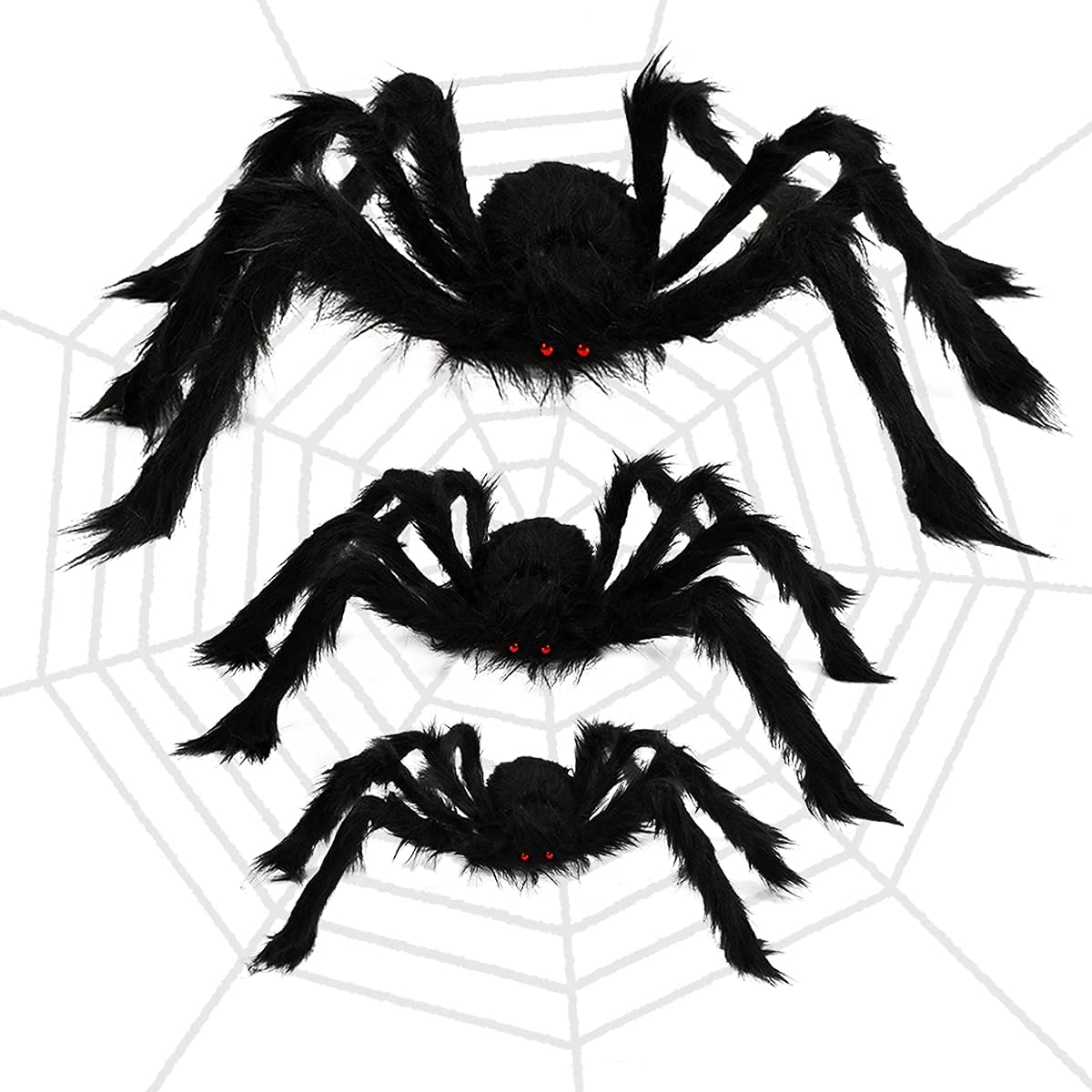 Poseable Hairy Spider Trio with 12 Foot Web for Halloween Doorways Hedges and Rails in Black Or White