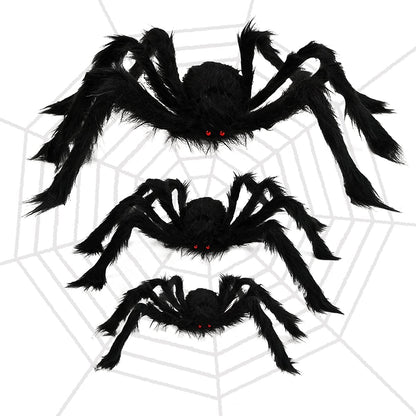 Poseable Hairy Spider Trio with 12 Foot Web for Halloween Doorways Hedges and Rails in Black Or White
