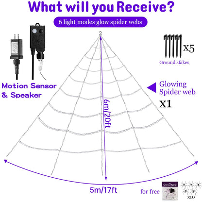 Sensor Triggered Spider Web Lights with 150 Purple LEDs and Eerie Sounds for Gutters and Lawns