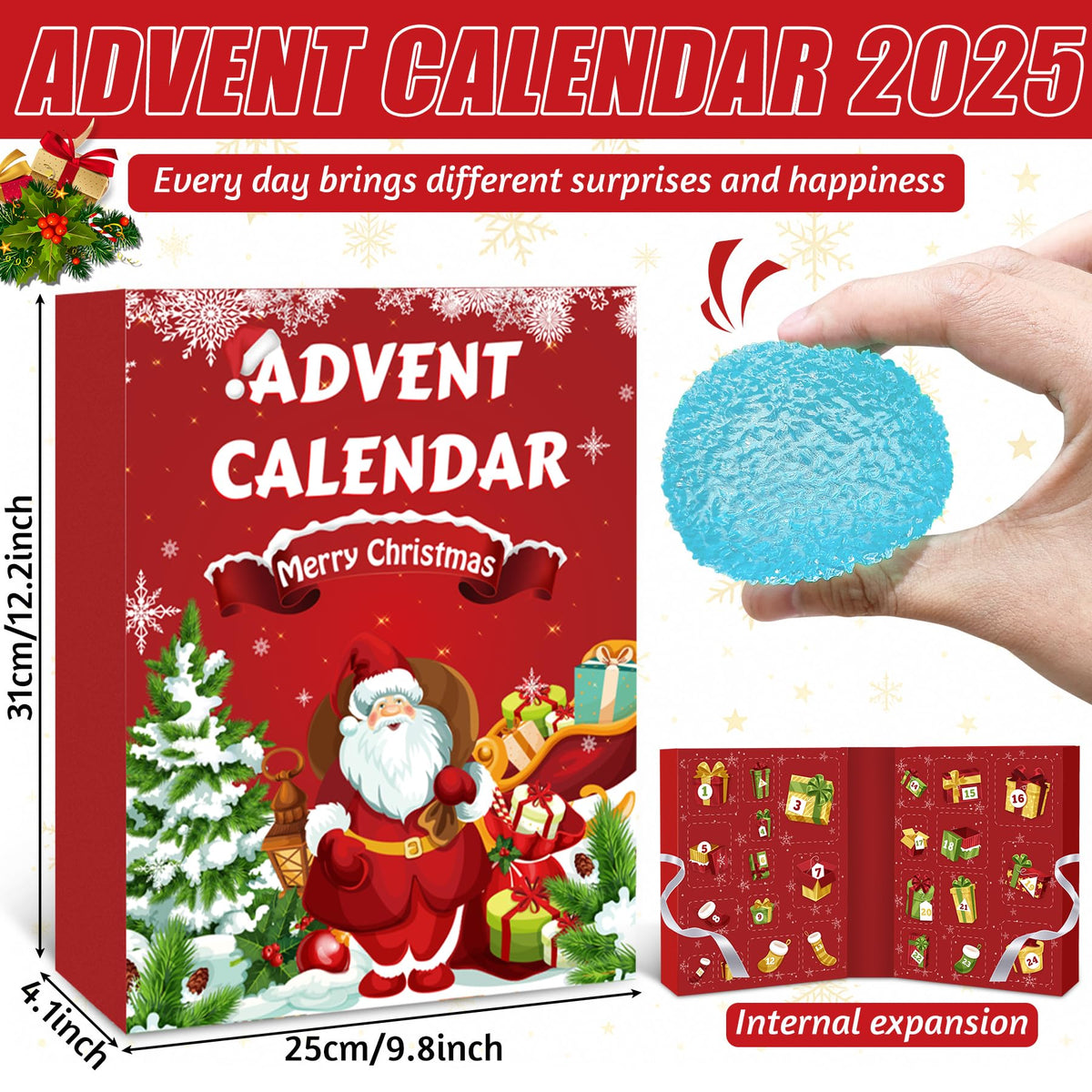 Fold Open Christmas Calendar Box Packed with 24 Different Squishy Toys in Soft Thermoplastic Rubber