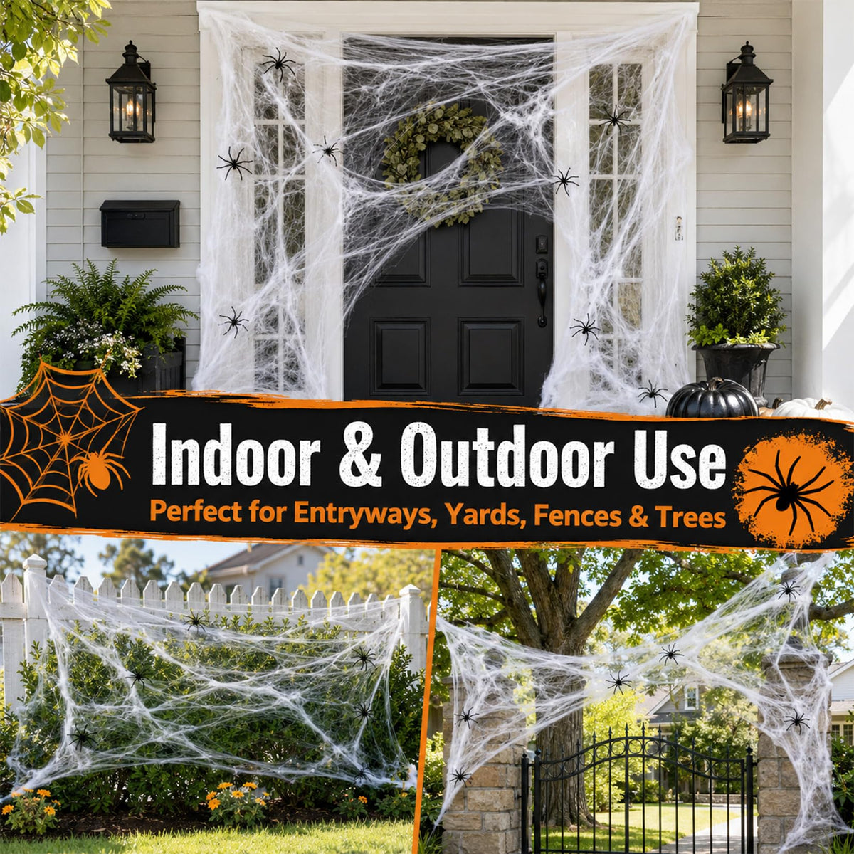 Wispy White Cobweb Bags with 40 Plastic Spiders in Six Coverage Sizes for Hedges Porches and Rooms