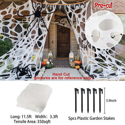 Stretch Web Netting Rolls 11.5 Feet Long with Ground Stakes for Halloween Porches Trees and Walls
