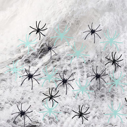 Soft Cotton Web with Ten Glowing and Ten Black Spiders for Halloween Doors and Corners