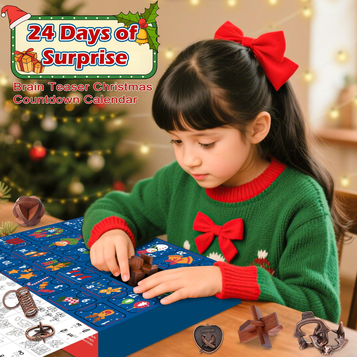 Brain Teaser Advent Box Packing 24 Interlocking Metal Ring and Wooden Block Puzzles for Puzzle Fans of Every Age