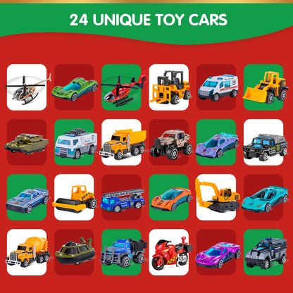 Advent Style Box of 24 Alloy Toy Vehicles Including Race Cars, Tanks and Helicopters with a Play Map
