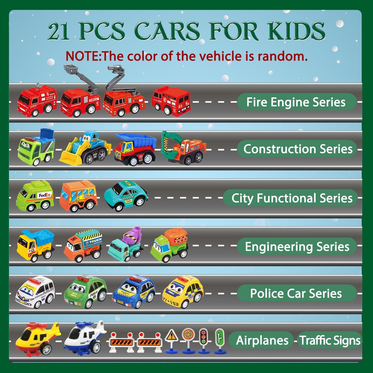 Twenty One Pull Back Cars and Three Road Sign Sets Packed in a Green 24 Window Holiday Countdown Box