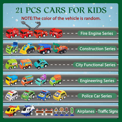 Twenty One Pull Back Cars and Three Road Sign Sets Packed in a Green 24 Window Holiday Countdown Box