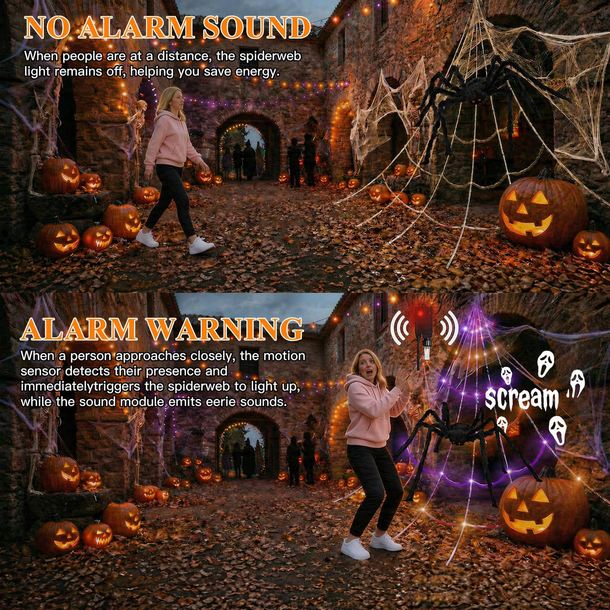 Sensor Triggered Spider Web Lights with 150 Purple LEDs and Eerie Sounds for Gutters and Lawns