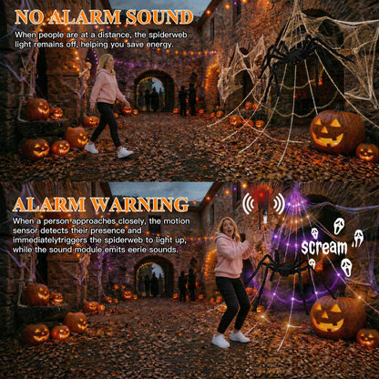 Sensor Triggered Spider Web Lights with 150 Purple LEDs and Eerie Sounds for Gutters and Lawns