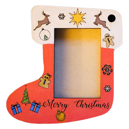 Photo Holding Wood Stocking Ornament Offered as an Unfinished Paint Kit or a Ready Painted and Assembled Piece