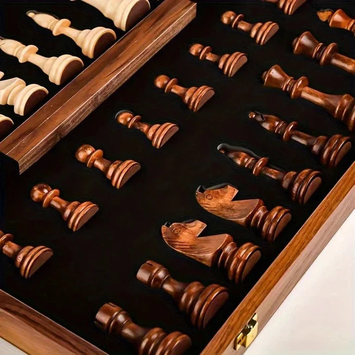 Handcrafted Solid Wood Chess Board with Carved Pieces and Storage Drawer