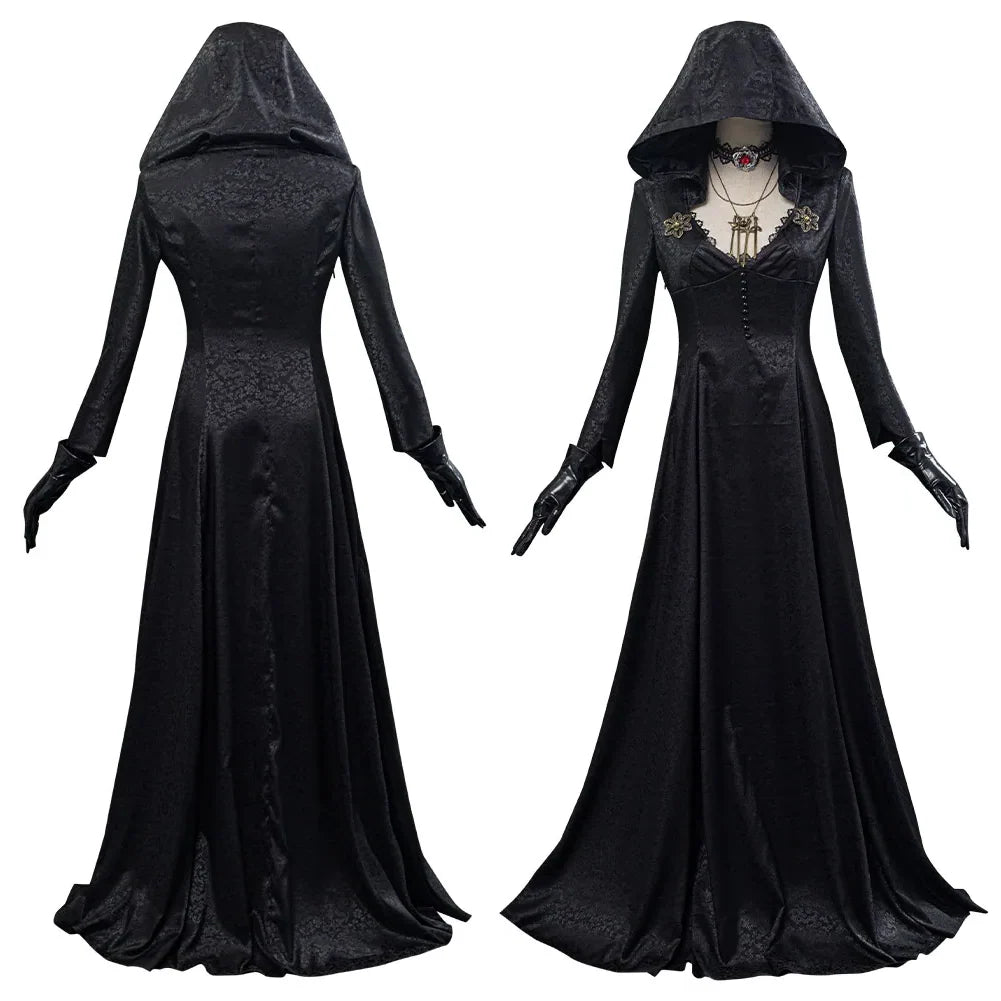 Women's Gothic Halloween Outfit with Patterned Long Jacket and Temporary Tattoos