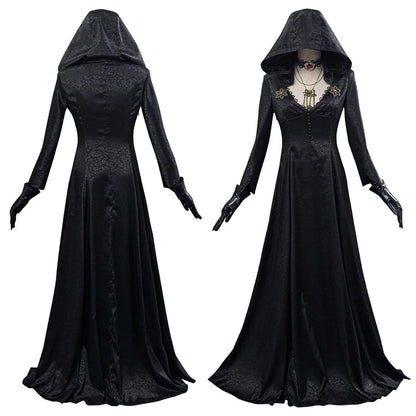 Women's Gothic Halloween Outfit with Patterned Long Jacket and Temporary Tattoos