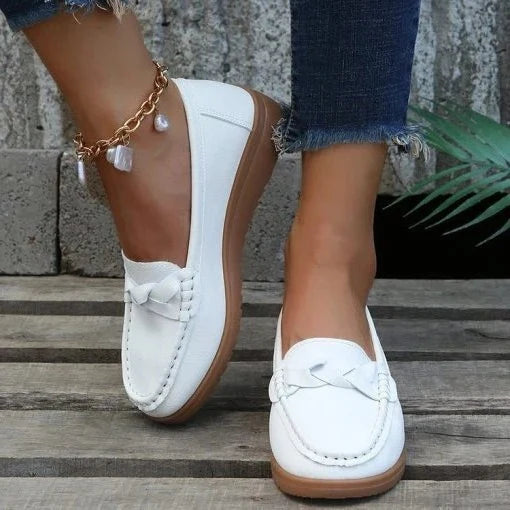 Ladies Genuine Leather Moccasin Style Flats with Cushioned Sole for Daily Wear