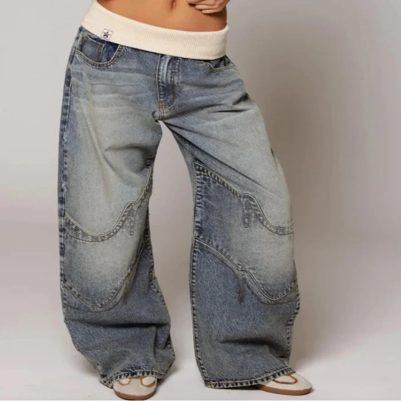 Women's Light Wash Denim Trousers with Stretch Waist and Loose Straight Cut
