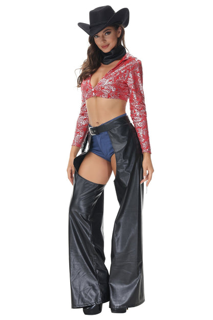 Cowgirl Costume with Silver Floral Fringe Top, Black Open Side Pants, and Optional Hat