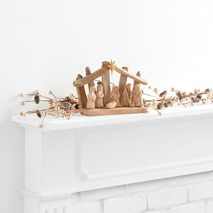 Rustic Nativity Scene Built from Weathered Driftwood and Metal with Gold Washed Paper Pulp Figures