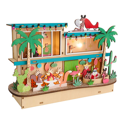 Mid Century Vacation House Light Up Decor in Laser Cut Wood with Timer for Holiday Displays