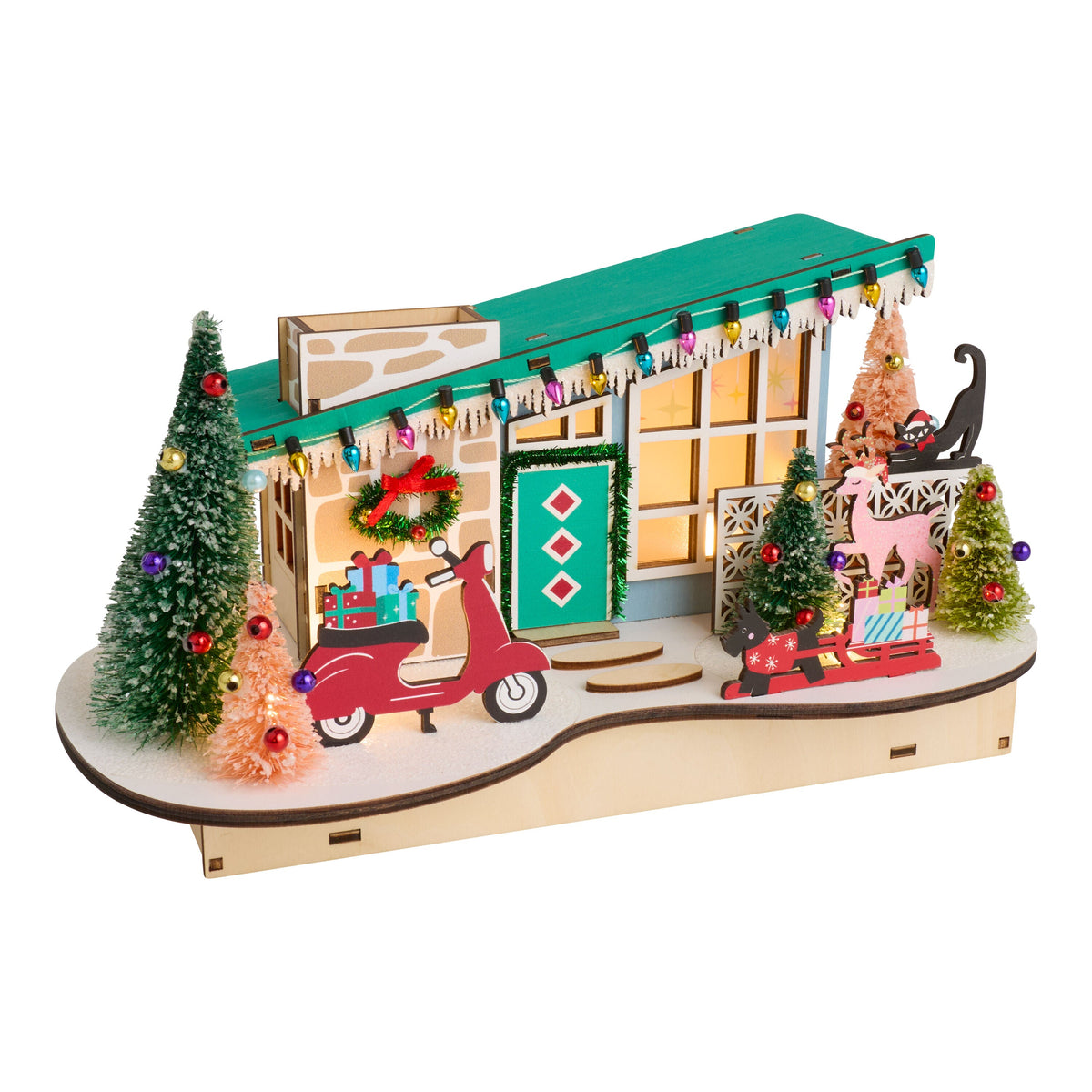 Sloped Roof Mid Century House with Cherry Red Scooter LED Decor and Timer for Christmas Shelves