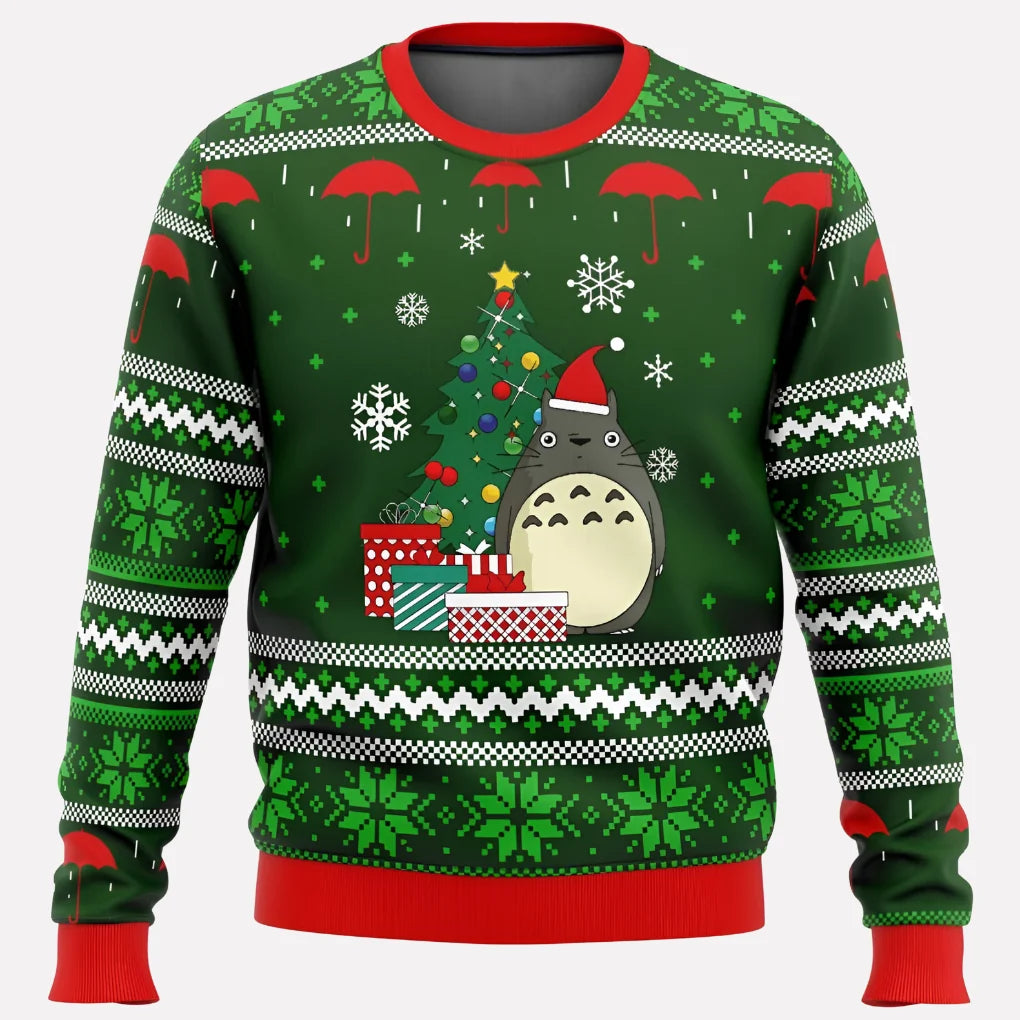 Vivid Fluorescent Festive Jumper for Men and Women, Deer and Snow Design with Crew Neckline