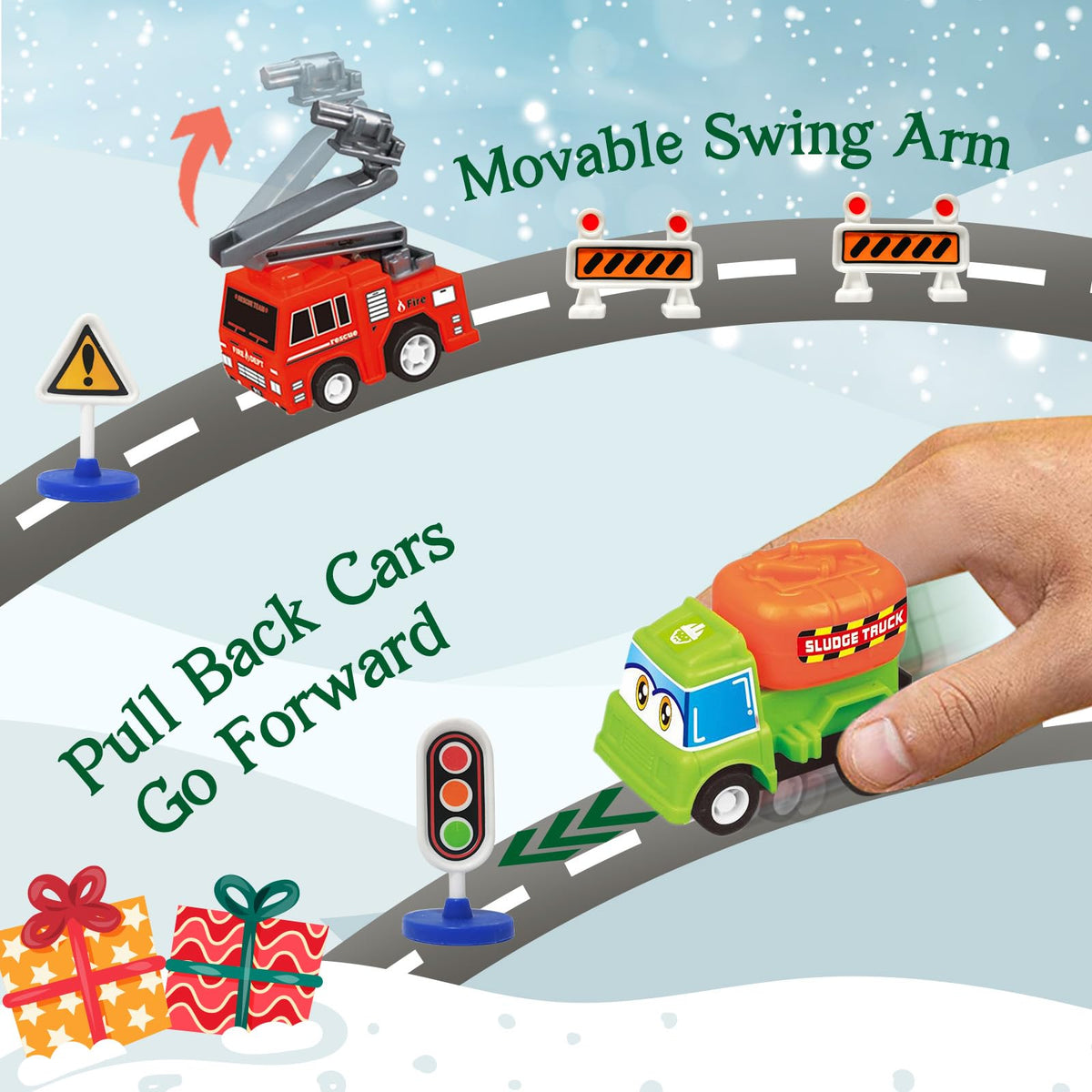 Twenty One Pull Back Cars and Three Road Sign Sets Packed in a Green 24 Window Holiday Countdown Box