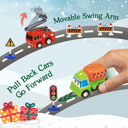 Twenty One Pull Back Cars and Three Road Sign Sets Packed in a Green 24 Window Holiday Countdown Box