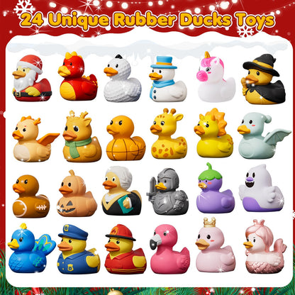Twenty Four Piece Rubber Duck Holiday Calendar with Santa, Snowman, Unicorn and Elf Costume Ducks