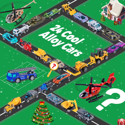 Advent Style Box of 24 Alloy Toy Vehicles Including Race Cars, Tanks and Helicopters with a Play Map