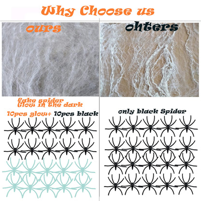 Soft Cotton Web with Ten Glowing and Ten Black Spiders for Halloween Doors and Corners