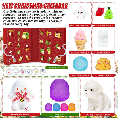 Fold Open Christmas Calendar Box Packed with 24 Different Squishy Toys in Soft Thermoplastic Rubber