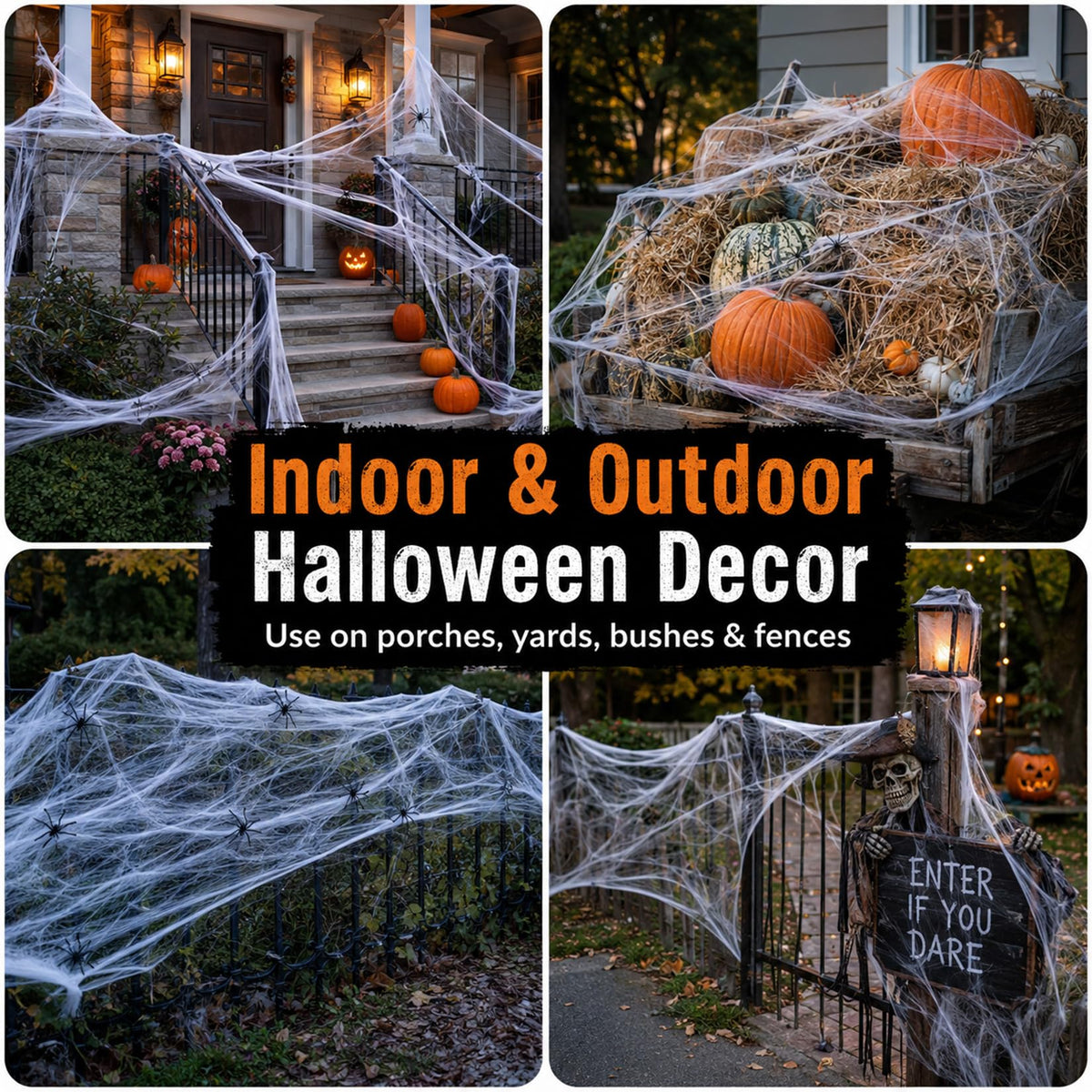 Wispy White Cobweb Bags with 40 Plastic Spiders in Six Coverage Sizes for Hedges Porches and Rooms